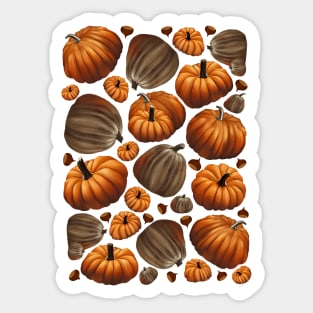 Autumn Pattern with chestnuts, pumpkinsin retro watercolor style, color autumn, orange, green, purple, yellow and Brown Sticker